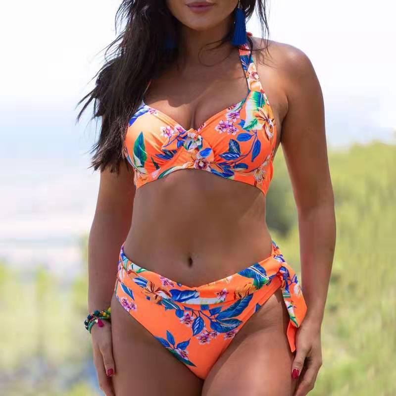 Wholesale Printed Split Steel Support Halter Neck Strap High Waist Swimwear